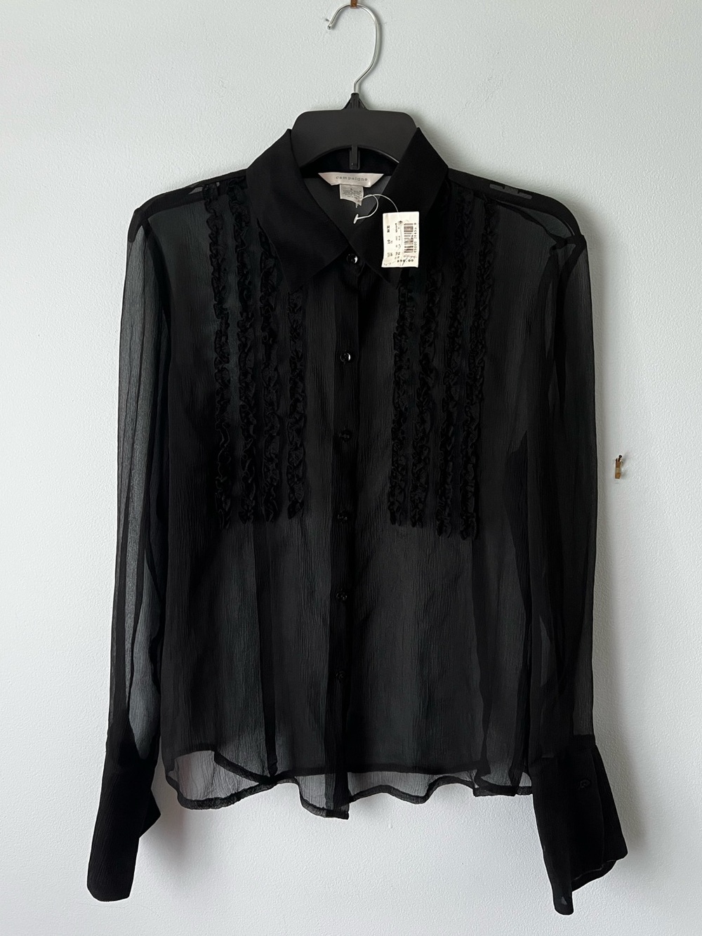 NWT Campaigne Black 100% Silk Sheer Ruffle Blouse Top #43444 Size Large